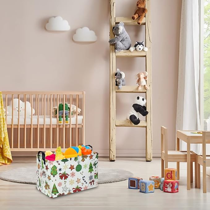 CLOCOR Rectangular Christmas Basket,Cute Pattern Christmas Gifts Basket Empty,Waterproof Christmas Storage Box with Handles,Kids Room Decor(Gift Basket)