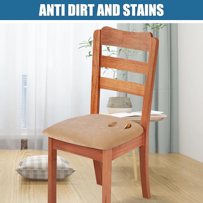 Smiry Velvet Seat Covers for Dining Room Chair Set of 4, Stretch Fit Removable Washable Chair Seat Cushion Protector Slipcovers with Ties, Beige