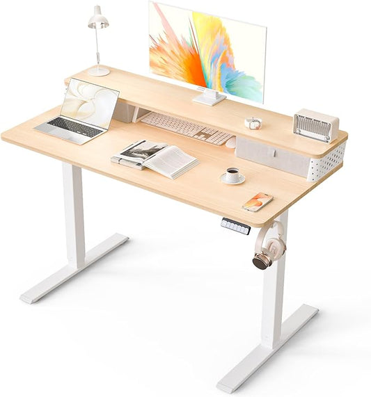 Electric Standing Desk with 2 Drawers 48''x 24'' Adjustable Height Sit to Stand Up Desk with Storage Shelf C-Clamp Mount Compatible Home Office Desks Computer Gaming Table Ergonomic Workstation