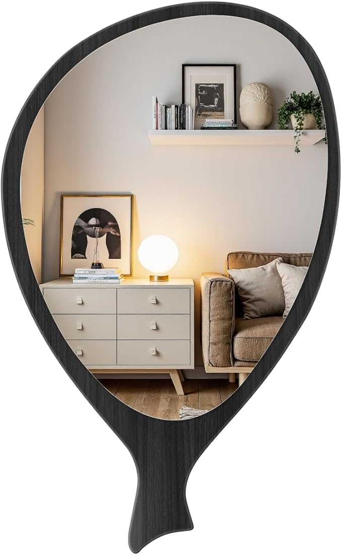 Irregular Asymmetrical Wall Mirror for Living Room Bathroom Entryway, Modern Decorative Mirror Hanging (Hook Style, 30'' x 18'' Walnut