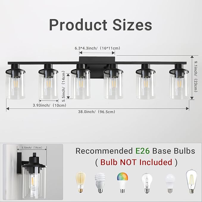 LOUSACE 6 Light Bathroom Vanity Light, Matte Black Bathroom Light Fixtures, Modern Bathroom Lights Over Mirror with Clear Glass Shade, Wall Sconce Lighting for Bedroom Living Room