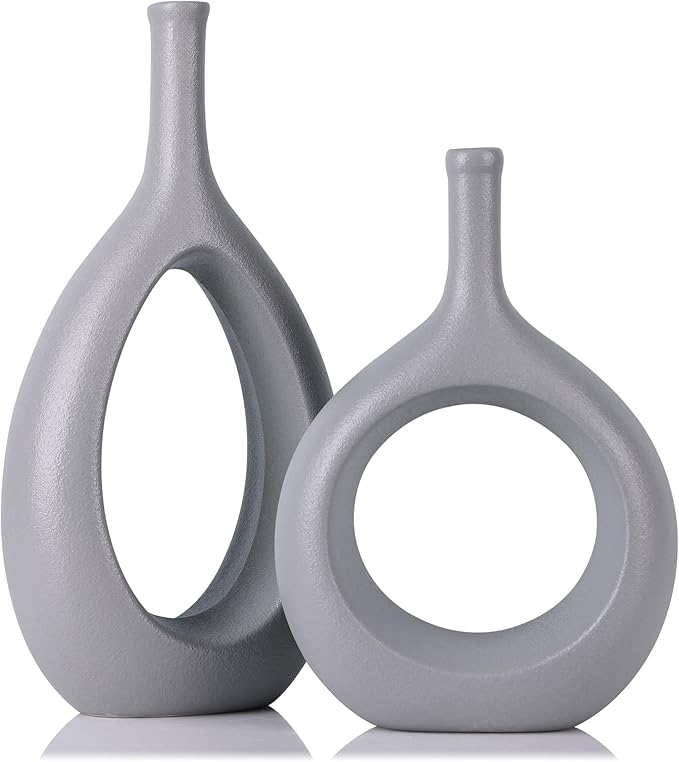 Gray Ceramic Hollow Elliptical Vase Set of 2 - Boho Circle Vase with Hole, for Modern Grey Table Decor, Living Room Decor Shelf mid Century Modern Home Entrance Decorative vase
