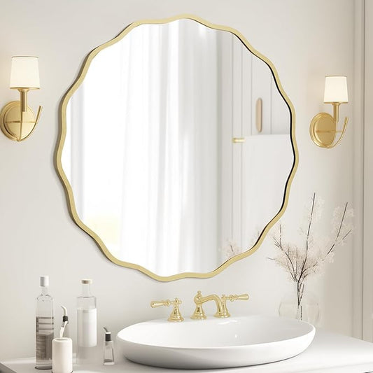 WallBeyond Round Wavy Mirror for Wall Decorative 28 inch, Modern Round Mirror Aluminum Frame for Bathroom Bedroom Living Room Home House Office Entryway, Gold