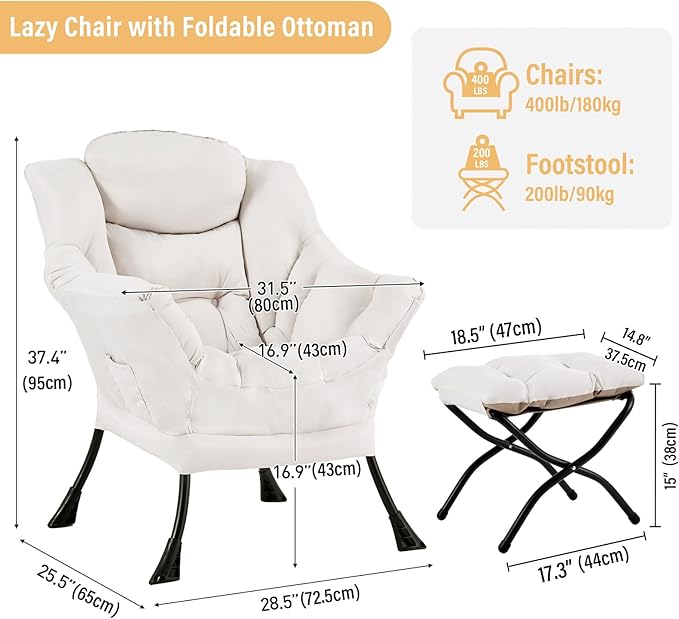 Lazy Chair with Ottoman, Modern Chair with Folding Footrest, Lounge Accent Chair, Comfortable Reading Chair, Oversized Armchairs for Bedroom, Study, Living Room, Courtyard (Beige