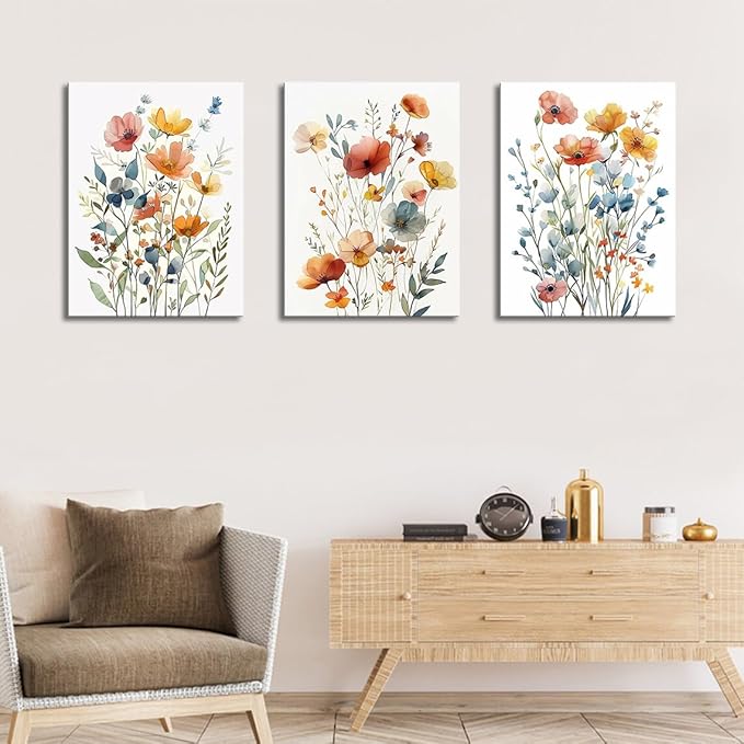 Watercolor Flowers Bathroom Canvas Wall Art, Colorful Wildflower Wall Decor Poster Prints Botanical Artwork for Living Room Bedroom Bathroom Farmhouse Decor 16x24x3pcs