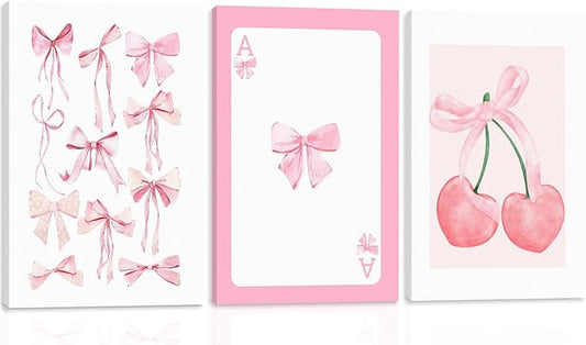 WRFON Trendy Pink Bows Canvas Wall Art, Vintage Preppy Cherry Poster Prints, Pink Watercolor Bows Wall Decor, Coquette Girly Room Aesthetic Pictures for College Apartment Bedroom Framed 16"x24"x3
