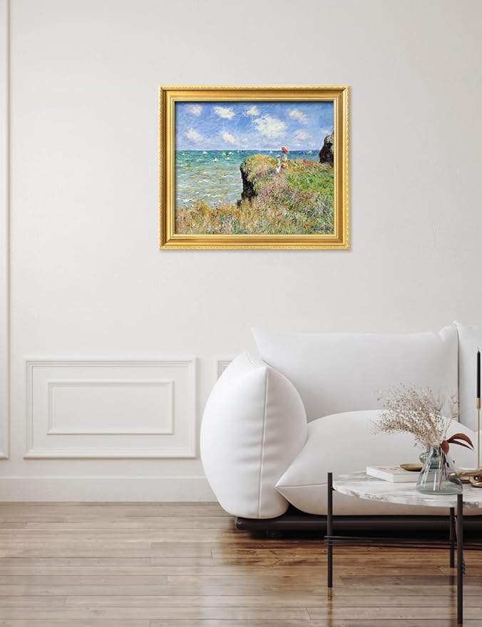 DECORARTS - Claude Monet The Cliff Walk At Pourville Giclee Print with Gold Solid Wood Frame, Impressionist Large Framed Wall Art, Ready to Hang, Framed Size28.75x24.75, Made in USA