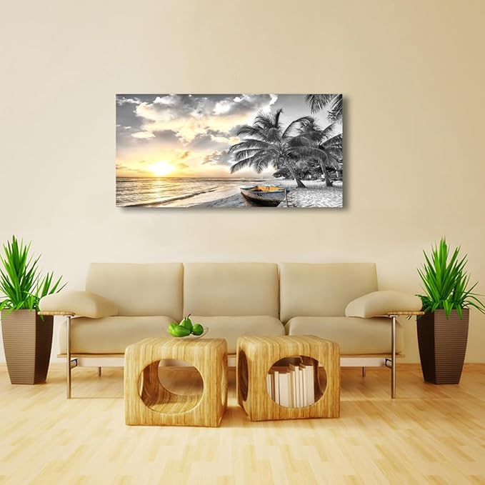 Black and White Beach Pictures Canvas Wall Art for Living room Bedroom Wall Decor,Seascape Wall Art Print Paitnings for home Decor,Morden Artwork Sunset Canvas Art Waterproof Stretched Ready to