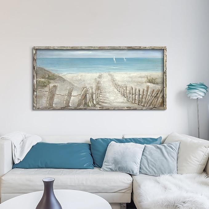 Beach Canvas Print Artwork Coastal Ocean Blue Abstract Seascape Picture Wall Art Painting for Bathroom Office Bedroom(60"*30")