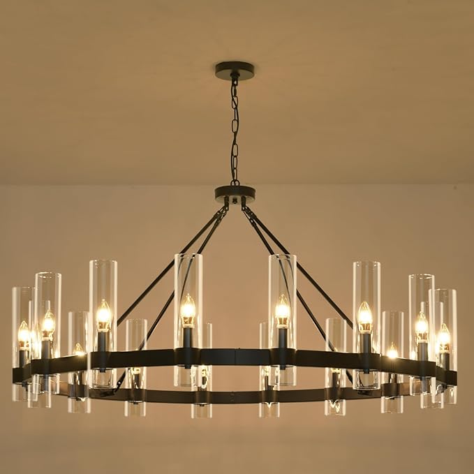 48 Inch Black Wagon Wheel Chandelier with Glass Shade, 16-Lights Black Farmhouse Chandeliers for High Ceilings, Large Round Industrial Pendant Lights for Dining Room Living Room Bedroom Foyer