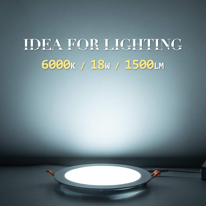 8 Inch LED Recessed Light with Junction Box, 6 Pack Ultra Thin LED Recessed Lighting.6000K Daylight, No Dimmable,18W 8" Recessed Ceiling Canless Wafer Downlight.Slim Can-Killer Lights,CRI80+