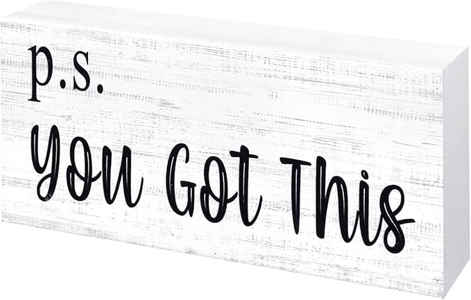 Esur Motivational Home Office Desk Decor - Farmhouse Wooden Box Sign Gift for Women - P.S. You Got This(White)