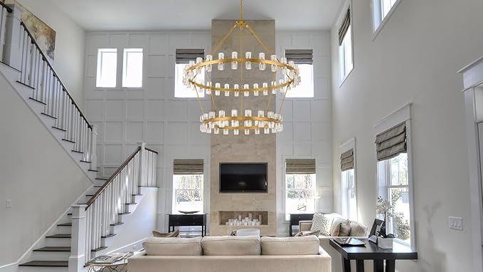 60 Inch Gold Wagon Wheel Chandelier with Crystal Shade, 2 Tier 100 Lights, Modern Farmhouse Style, Ideal for Dining Room, Kitchen, Entryways