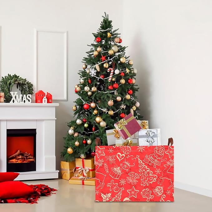 CLOCOR Rectangular Storage Basket Empty,Gift Basket,Waterproof Storage Bin with Handles,Room Decor(Red Christmas)