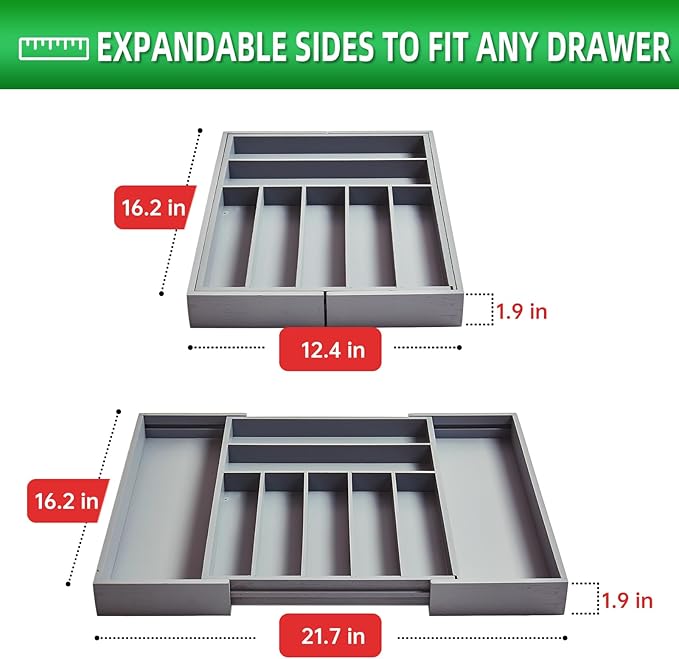 Silverware Organizer Kitchen Drawer Organizer Utensil Organizer Bamboo Silverware Holder Cutlery Organizer in Drawer Flatware Organizer Tray(9 slots, Gray)