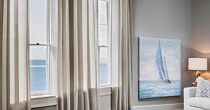 Yihui Arts Coastal Sailing Boat Canvas Wall Art - Blue and White Nautical Picture for Living Room, Bedroom, or Bathroom Decor with Vertical Seaside Artwork