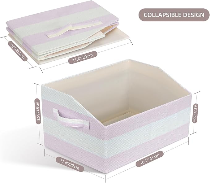 Linen Closet Organizers and Storage, Trapezoid Fabric Bins, Home Office Organization Baskets Striped Collapsible Box with Handles for Clothes, Blanket, Books, DVD, 4 Pack, Light Pink/White