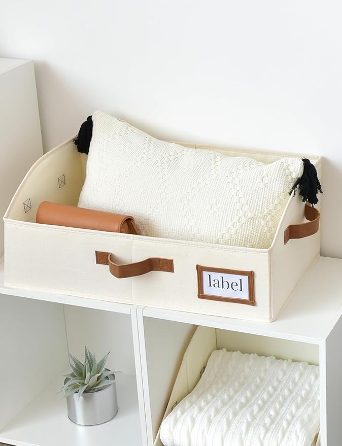 StorageWorks Closet Storage Bins, Trapezoid Organizer Box for Shelves, Fabric Clothes Bin, Foldable Organizing Baskets with Handles, Large, Ivory White, 3-Pack