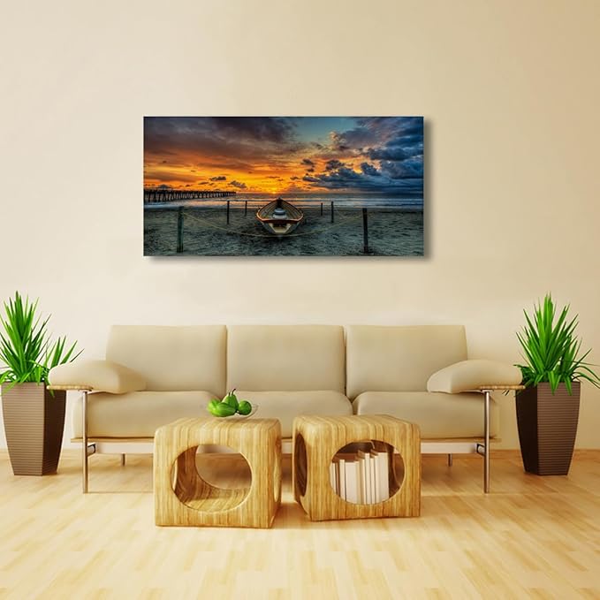 Beach Themed Wall Art Canvas Prints Seascape Poster Bathroom Décor Boat Ocean Sunset Landscape Paintings for Bedroom Dining Room Home Kitchen Decorations Natural Artwork 28x57 Picture Wooden Frames