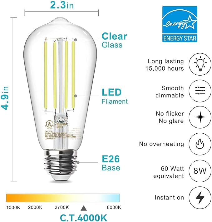 TJOY 12 Pack E26 Base Vintage LED Edison Light Bulbs, 60W Equivalent Dimmable, 4000K Natural White, 8W ST58 LED Filament Bulbs, 800Lumens, CRI80+, Antique Glass Style for Home, Bedroom, Farmhouse