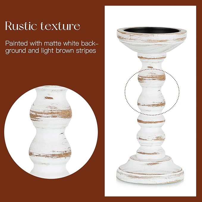 Wood Candle Holders for Pillar: Rustic Candles Holder Set of 3 Tall Table Centerpiece Decor Wooden White Farmhouse Decorations for Fireplace Mantle