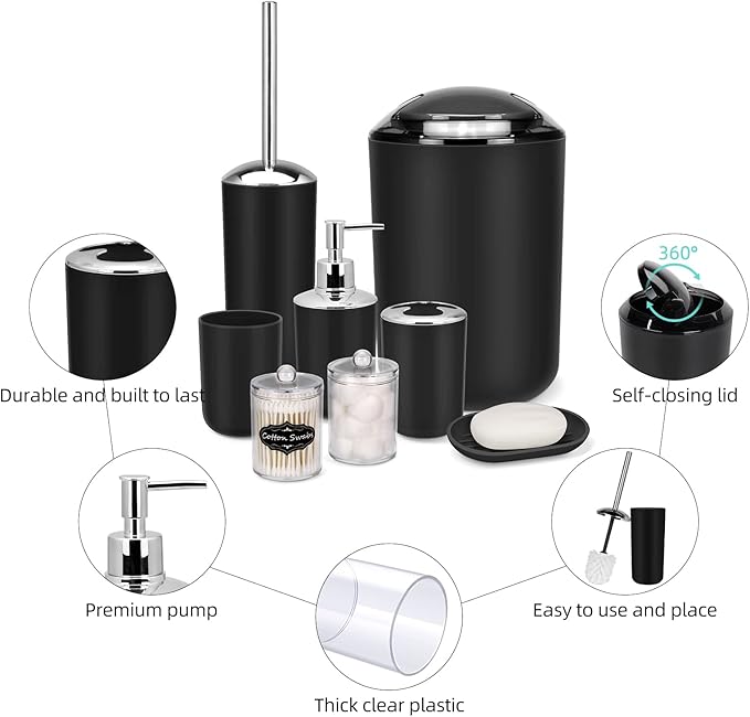 IMAVO Bathroom Accessories Set,Black Bathroom Set,9 Pieces Bathroom Accessory Set,Tray,Qtip Holders,Toilet Brush,Trash Can for Bathroom Décor and Home Gifts