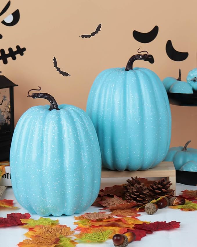 vensovo 2PCS 8 Inch Light Blue Plastic Pumpkins for Decorating–Large Artificial Foam Pumpkins for Fall Decor, Halloween, Thanksgiving, Paintable for DIY Crafts & Centerpieces