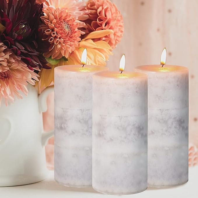 3x6 inch Pillar Candles Cozy Cotton Scented Set of 3 Gray White Layered Mottled Aromatherapy Candles for Weddings Home Wall Shelf Decorations Yoga Spa Dinner Table