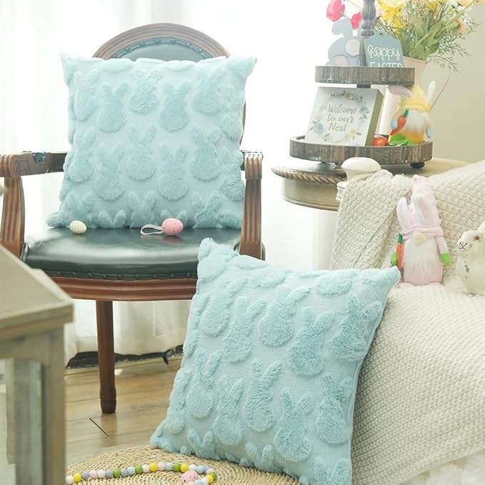 GEEORY Easter Bunny Soft Plush Pillow Covers, 20 x 20 Inch Set of 2, Fluffy Faux Fur Wool Decorative Farmhouse Cushion Case for Sofa Home Decoration Blue GC014-20