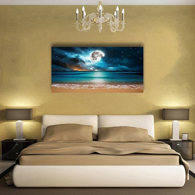 Beach Themed Wall Art Canvas Prints Seascape Picture Bathroom Décor Moon Ocean Landscape Paintings for Bedroom Dining Room Office Home Kitchen Decoration Natural Artwork 28x57 Wooden Frames