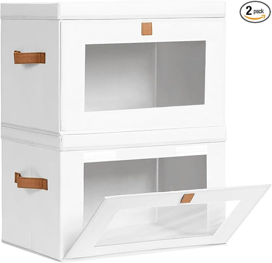 Large Clothing Storage Bins - Collapsible Boxes with Handles & Window, Decorative Organizer Bins with Lids, Fabric Containers for Living Room, Dorm, 2 Pack, White