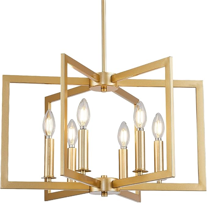 Dining Room Light Fixture Gold 6 Lights Modern Wrought Iron Farmhouse Chandelier Kitchen Island Lighting Golden Pendant Light for Living Room Foyer Entryway, E12 Socket, Height Adjustable,21.2"