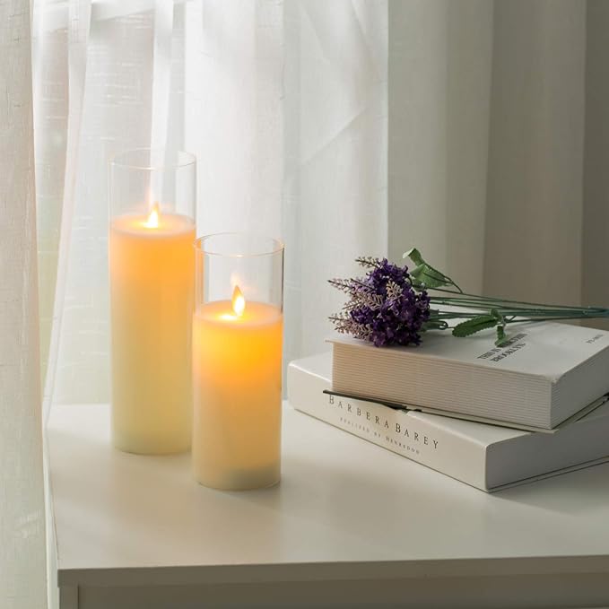 Pack of 3 Flameless Candles Battery Operated Real Wax Glass Flickering LED Candle Sets with Remote Control Cycling 24 Hours Timer (3" x 8" 10" 12")