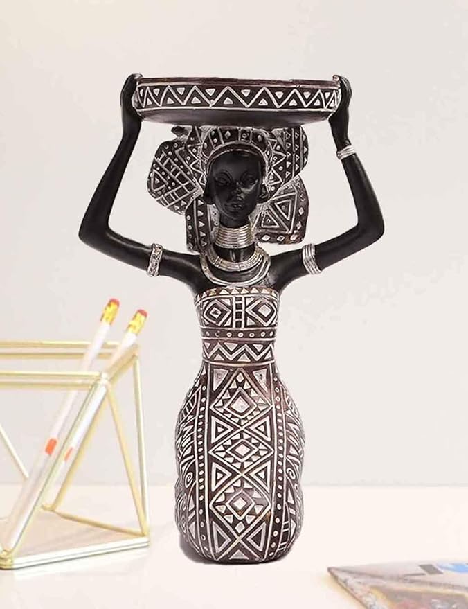 African Lady Figurine Candle Holder with African Tribal Totem for Wedding, Holiday Decor-African Decorative Women Statues, Candlestick Holder for Home and Table Decor(753-Brown)