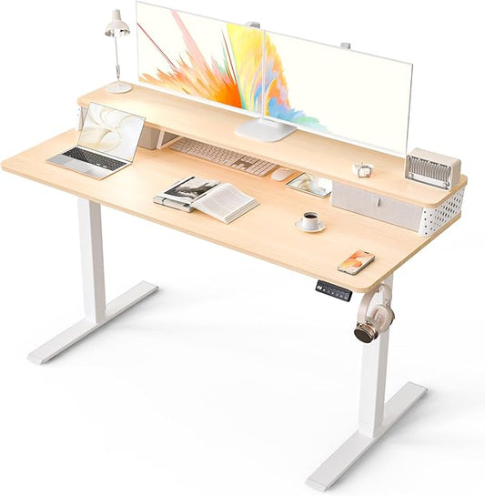 Electric Standing Desk with 2 Drawers 55''x 24'' Adjustable Height Sit to Stand Up Desk with Storage Shelf, C-Clamp Mount Compatible Home Office Desks Computer Gaming Table Ergonomic Workstation