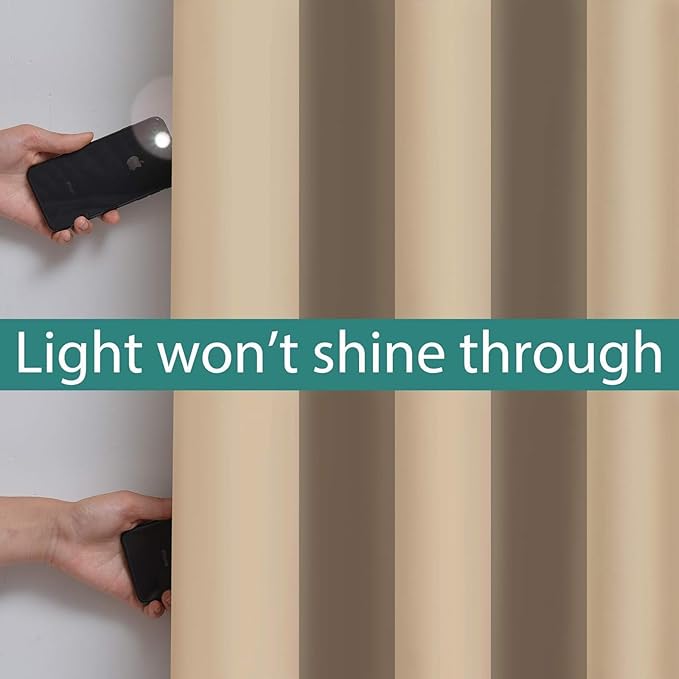 Yakamok Beige 100% Blackout Curtains, Thermal Insulated Total Blackout Drapes for Bedroom, Heat Blocking Window Curtains for Living Room(42Wx63L, 2 Panels)