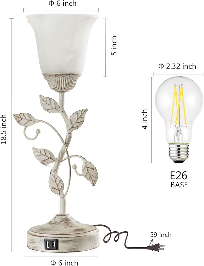 RORIANO Rustic Touch Table Lamp for Bedroom, 3-Way Dimmable Nightstand Lamp with 2 USB Ports, Retro Vintage White Glass Shade Leaf Desk Lamp for Living Room Entryway, LED Bulb Included