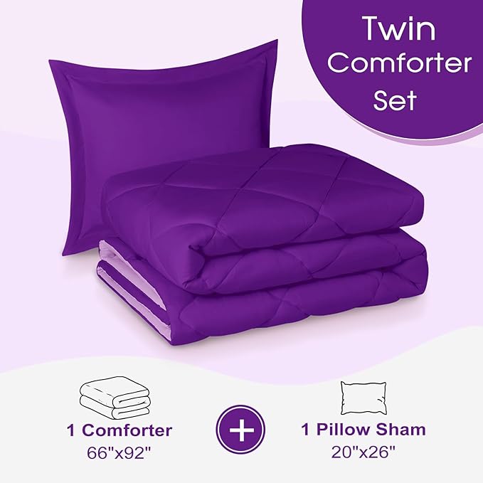 Basic Beyond Purple Twin Comforter Set - 1 Comforter (66"x92") and 1 Pillow Sham (20"x26")