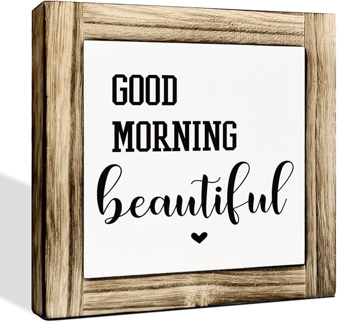 Good Morning Beautiful Sign, Couple's Greeting Signs Decor, Decorative Wooden Box Sign, Farmhouse Desk Signs, Sweet Home Decor for Bedroom, Romantic Gift for Girlfriend Wife, 5.9×5.9 inches
