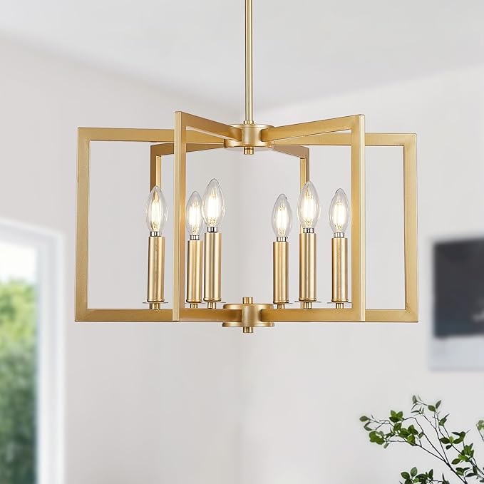 Dining Room Light Fixture Gold 6 Lights Modern Wrought Iron Farmhouse Chandelier Kitchen Island Lighting Golden Pendant Light for Living Room Foyer Entryway, E12 Socket, Height Adjustable,21.2"