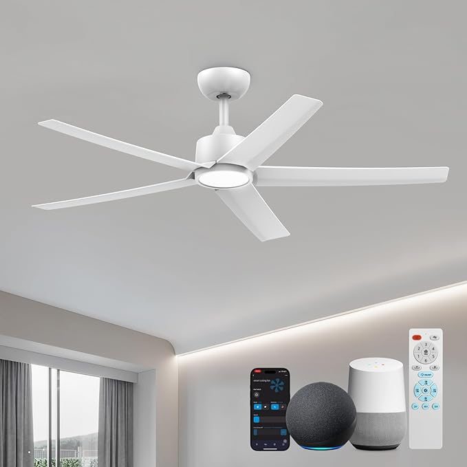 ocioc 52 Inch Smart Ceiling Fan,Modern Ceiling Fans with Lights and Remote,Compatible with Alexa/Google Home/APP,Reversible,Dimmable,3 CCT,Timer,White Ceiling Fan for Living Room,Bedroom