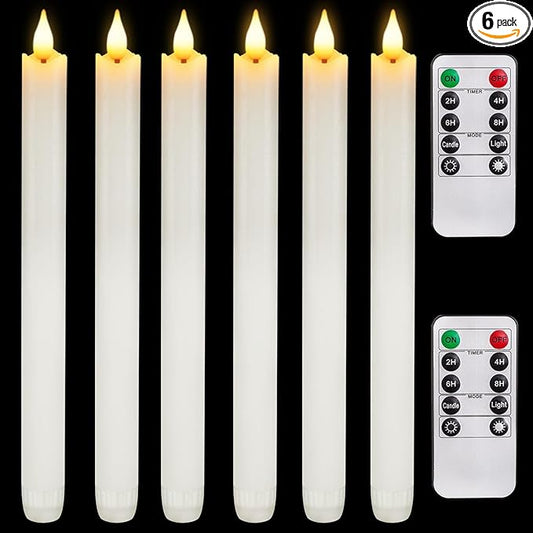 Homemory 6 Pcs Flameless Taper Candles with Remote Timer and Dimmer, White Candle Sticks Battery Operated, LED Window Candles with Flickering Light, 9.6 Inches for Wedding Home Indoor Decoration