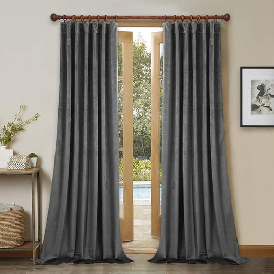 StangH Grey Velvet Curtains 96 inches - Thick Plush Velvet Blackout Drapes, Back Tab Design Insulated Window Covering for Living Room/French Door, W52 x L96, 2 Panels