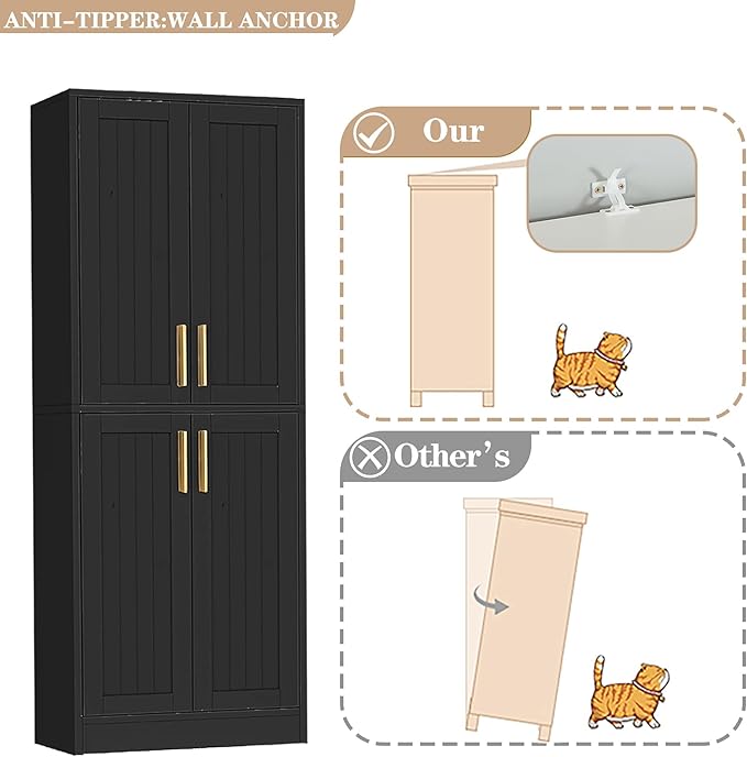 Kitchen Pantry Cabinet, Tall Storage Cabinet with Adjustable Shelves and 4 Doors, Farmhouse Freestanding Cupboard Hutch for Dining Room Living Room, Laundry, Black