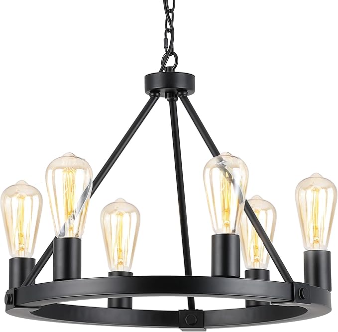 9MMML Black Wagon Wheel Chandelier, 6-Light Industrial Pendant Light, 20'' Farmhouse Ceiling Hanging Chandelier Light Fixture for Living Room, Bedroom, Entryway, Foyer