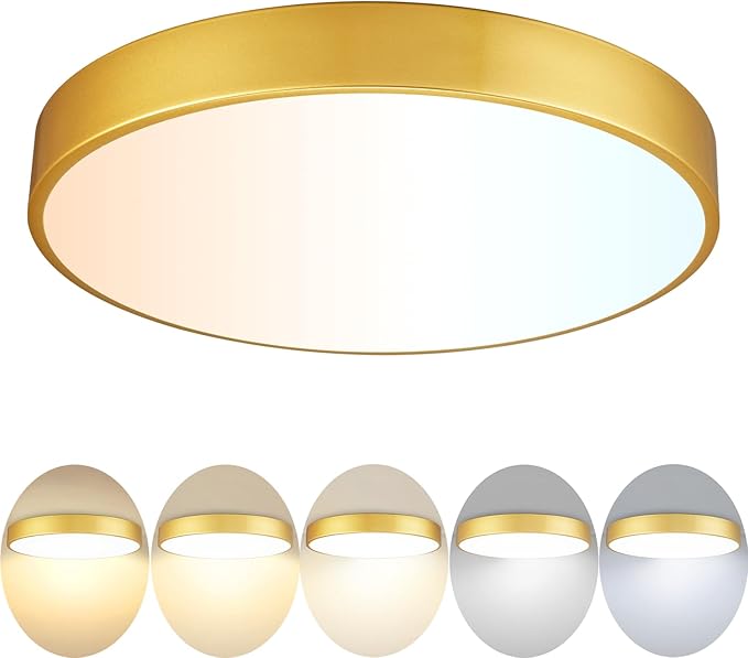 Gold LED Flush Mount Ceiling Light Fixture, 15 inch, 36W, Dimmable, Modern Kitchen, Bedroom, Bathroom, Living Room Lighting