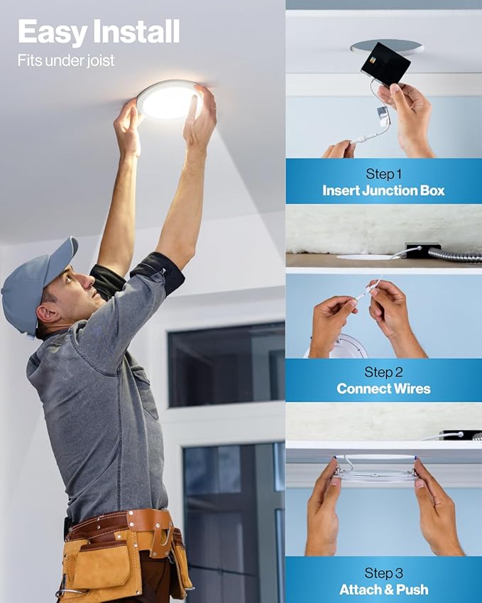 Sunco 6 Pack 8 Inch Ultra Thin LED Recessed Canless Smooth Trim Wafer Thin Indoor Ceiling Lights Slim Selectable 2700K/3000K/4000K/5000K/6000K Dimmable 18W 1350 Lumens with Junction Box