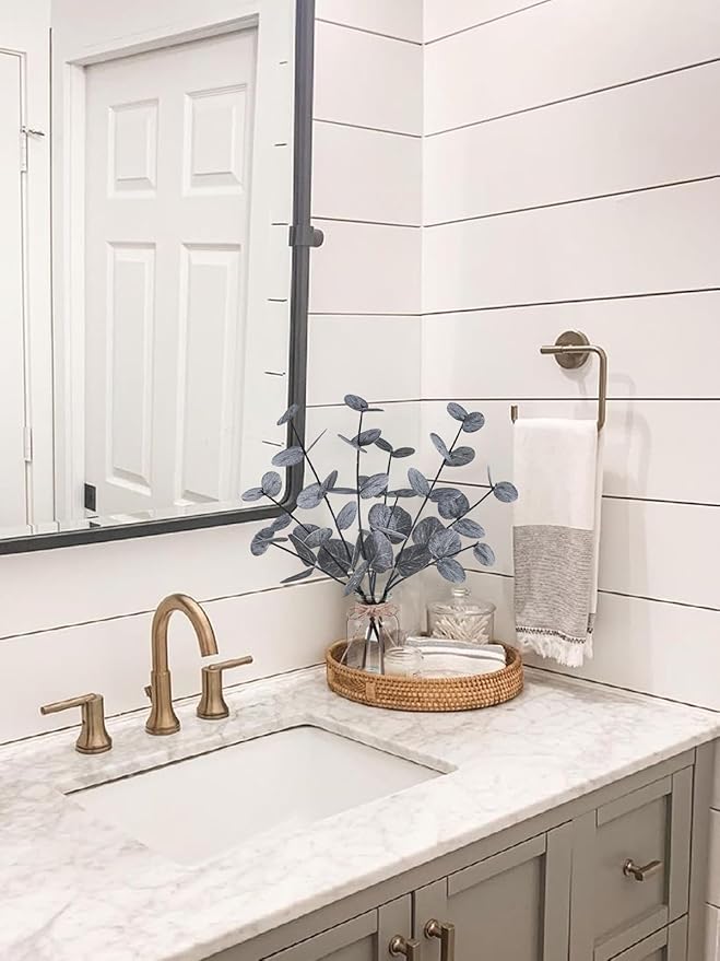 Artificial Eucalyptus Stems in Glass Vase with Faux Water, 14" Fake Plants for Home Decor, Coffee Table Centerpieces, Office, Bathroom & Farmhouse Weddings - Faux Plants Decorations