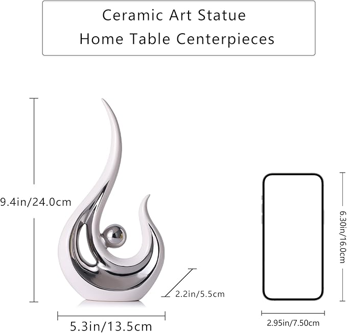 LCCCK White Silver Abstract Figurine Statues for Home Decor – Modern Ceramic Sculpture Accent, Decorative Statues for Living Room, Shelf, TV Stand, Office or Coffee Table Centerpiece Art Decoration