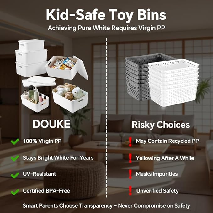 DOUKE White Plastic Storage Bins with Lids, 16qt & 8qt Stackable Storage Containers for Toys Crafts Snack, Aesthetic Lidded White Storage Baskets for Closet Shelves Pantry Office Playroom(4M+2S)